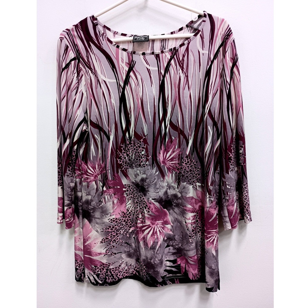 Southern Lady Tunic Top Women 14 Purple Floral‎ Abstract Wearable Art 3/4 Sleeve